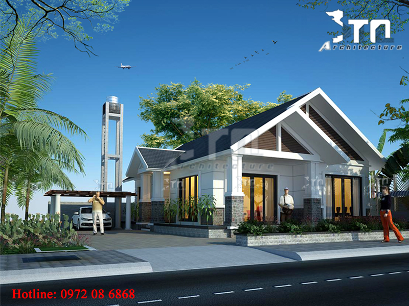 Phối cảnh 1: Thiết kế nhà 1 tầng 2 phòng ngủ mái thái đẹp