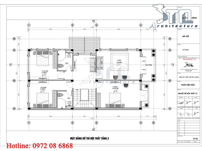Mặt bằng tầng 2: Thiết kế biệt thự 2 tầng 170m2 4 phòng ngủ