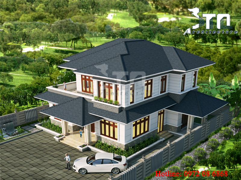 Phối cảnh 3: Thiết kế biệt thự 2 tầng của gia đình chú Tuyến ở Vĩnh phúc