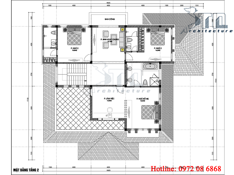 Mặt bằng tầng 2 - thiết kế biệt thự 2 tầng 200m2 được xây dựng trên ô đất 600m2