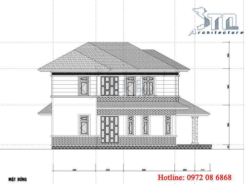 Mặt đứng 2 - thiết kế mẫu biệt thự 200m2