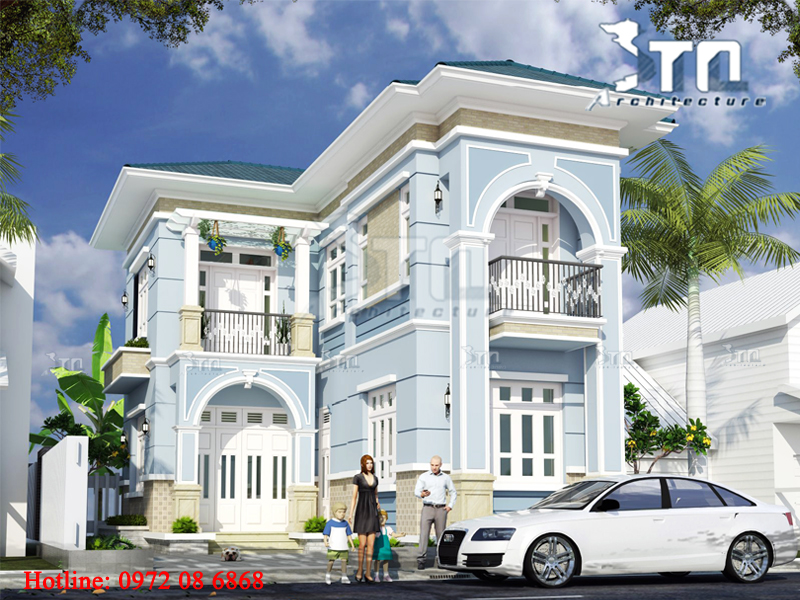 Phối cảnh 2: Thiết kế nhà 2 tầng 70m2 phong cách tân cổ điển đẹp
