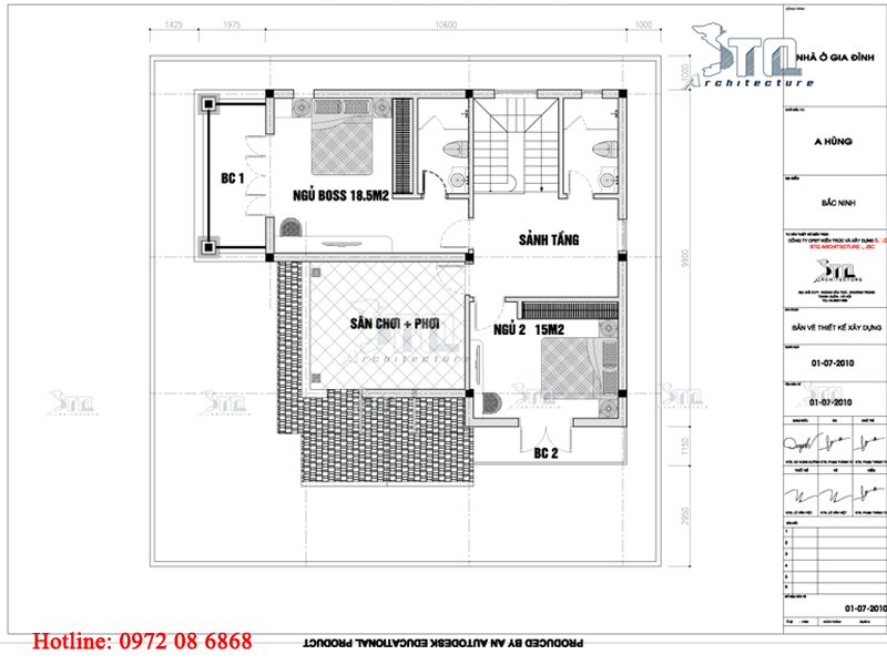 Mặt bằng tầng 2: Biệt thự 2 tầng mái dốc đơn giản 110m2 3 phòng ngủ