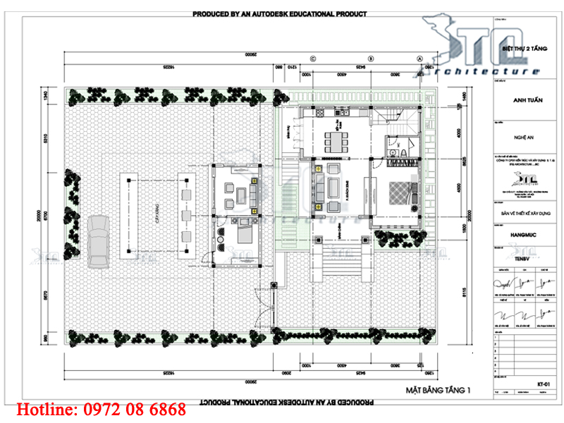 Mặt bằng tầng 1 của biệt thự 2 tầng 90m2 có cây xăng bên cạnh.