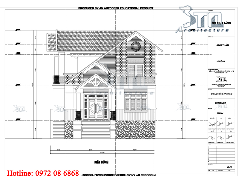 Mặt đứng của mẫu biệt thự 2 tầng 90m2 mặt tiền 10m