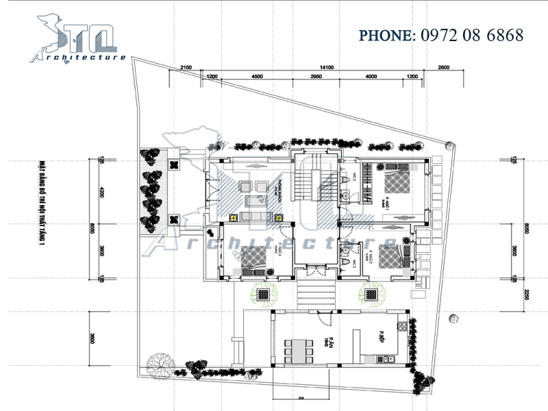 Mặt bằng tầng 1 - Mẫu thiết kế biệt thự 2 tầng 160m2 mặt tiền 8m hiện đại mái thái màu ghi