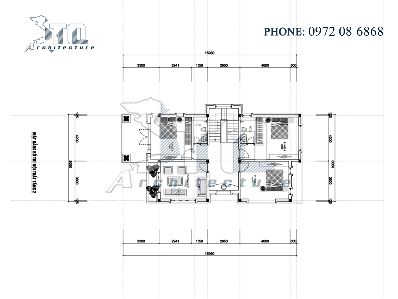Mặt bằng tầng 2 - Mẫu thiết kế biệt thự 2 tầng 160m2 mặt tiền 8m mái thái