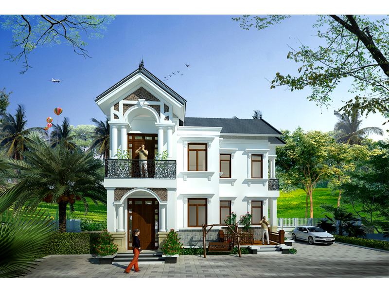 Phối cảnh 1: Biệt thự hình chữ L 2 tầng 3 phòng ngủ