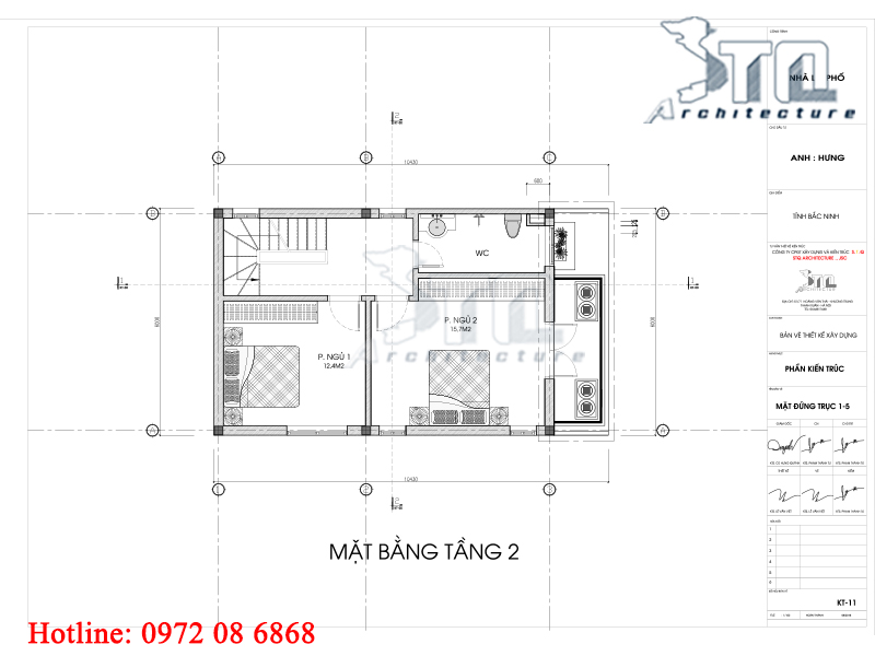 Mặt bằng tầng 2: Mẫu nhà phố 2 tầng 1 tum 6x9m 3 phòng ngủ 4