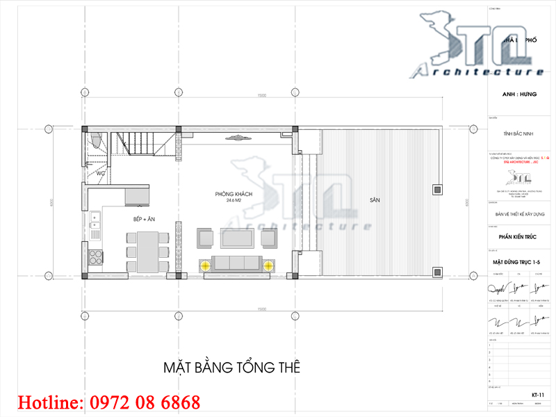 Mặt bằng tổng thể: Mẫu nhà phố 2 tầng 1 tum 6x9m 3 phòng ngủ 1