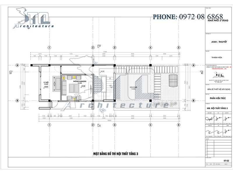 Mặt bằng tầng 3: Mẫu thiết kế nhà phố 3 tầng 90m2 ở Thanh Hoá