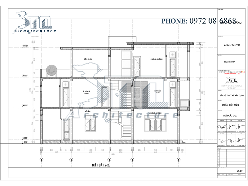 Mặt cắt 2-2: Mẫu thiết kế nhà phố 3 tầng 90m2 ở Thanh Hoá