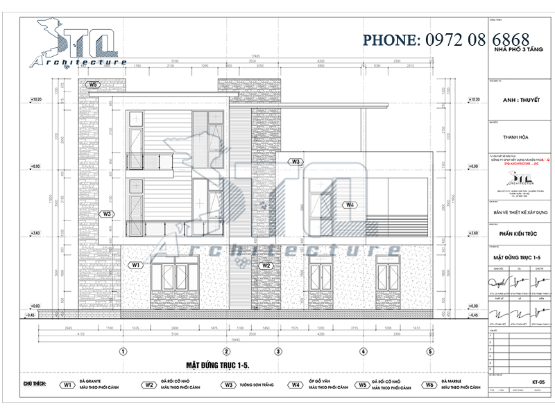 Mặt đứng trục 1-5: Mẫu thiết kế nhà phố 3 tầng 90m2 ở Thanh Hoá
