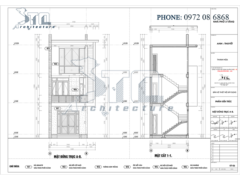 Mặt đứng trục A-B và mặt cắt 1-1: Mẫu thiết kế nhà phố 3 tầng 90m2 ở Thanh Hoá