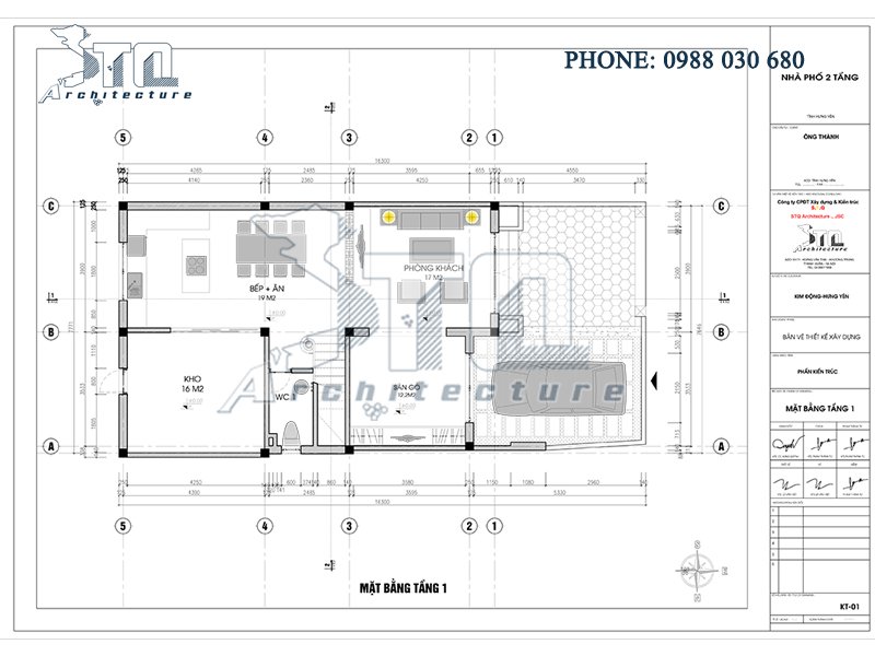 Mặt bằng tầng 1: Thiết kế nhà phố 2 tầng 100m2
