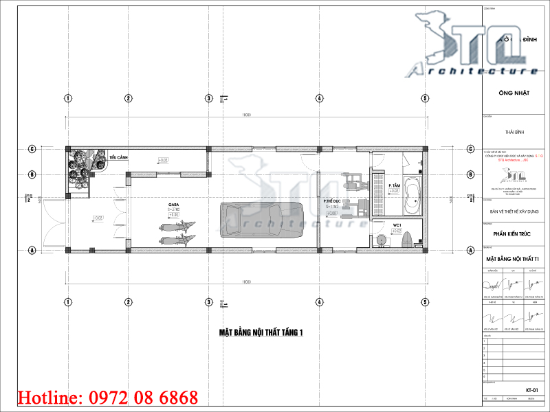 Mặt bằng tầng 1: Nhà phố 2 tầng 1 tum 5x18m