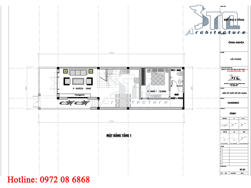 Mặt bằng tầng 1: Mẫu thiết kế nhà phố 2 tầng 5x17m 3 phòng ngủ ở Hải Phòng