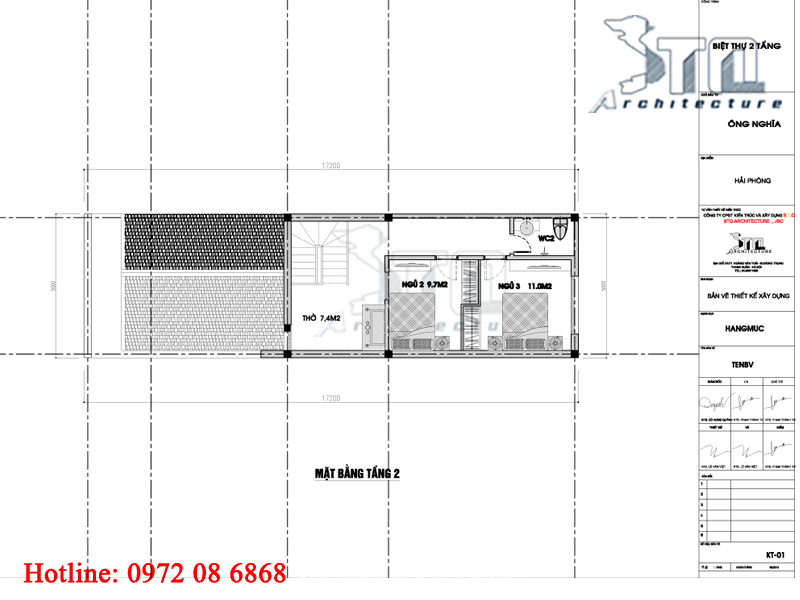 Mặt bằng tầng 2: Mẫu thiết kế nhà phố 2 tầng 5x17m 3 phòng ngủ ở Hải Phòng