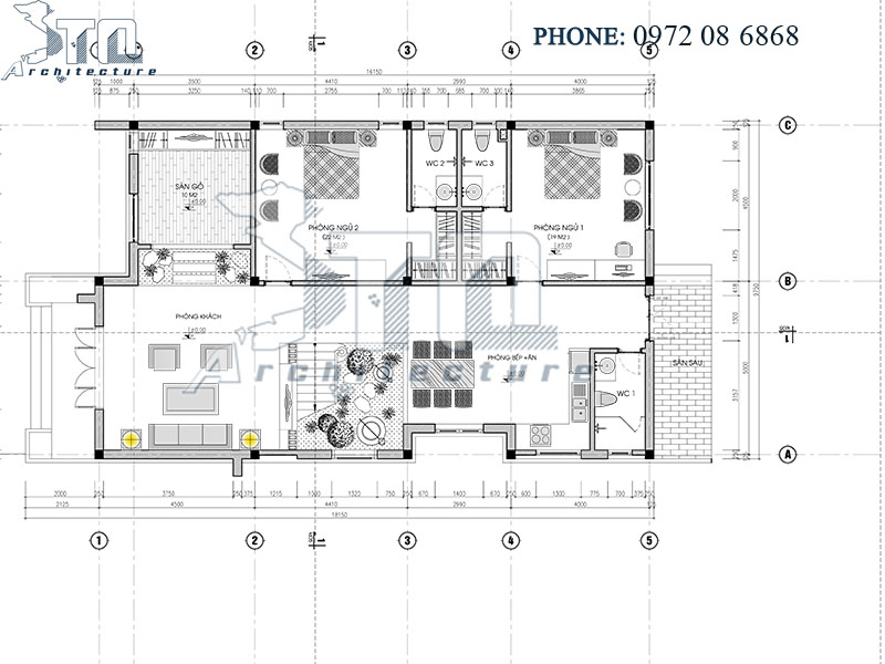 Mặt bằng tầng 1: Thiết kế nhà phố 2 tầng 160m2 ở Thanh Hoá