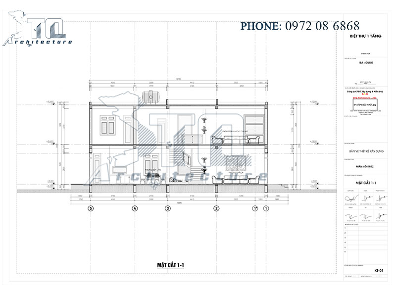 Mặt cắt 1-1: Thiết kế nhà phố 2 tầng 160m2 ở Thanh Hoá