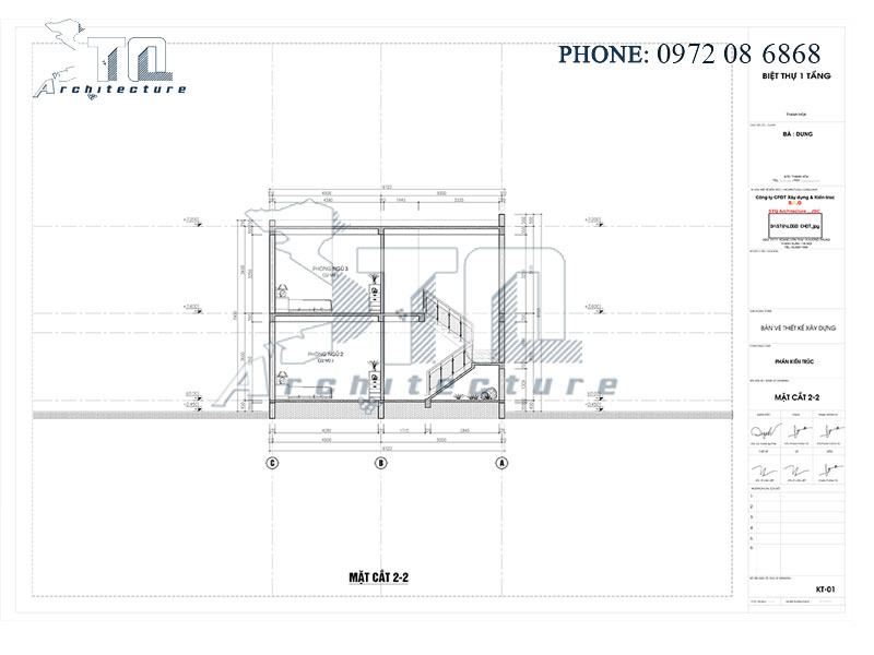 Mặt cắt 2-2: Thiết kế nhà phố 2 tầng 160m2 ở Thanh Hoá