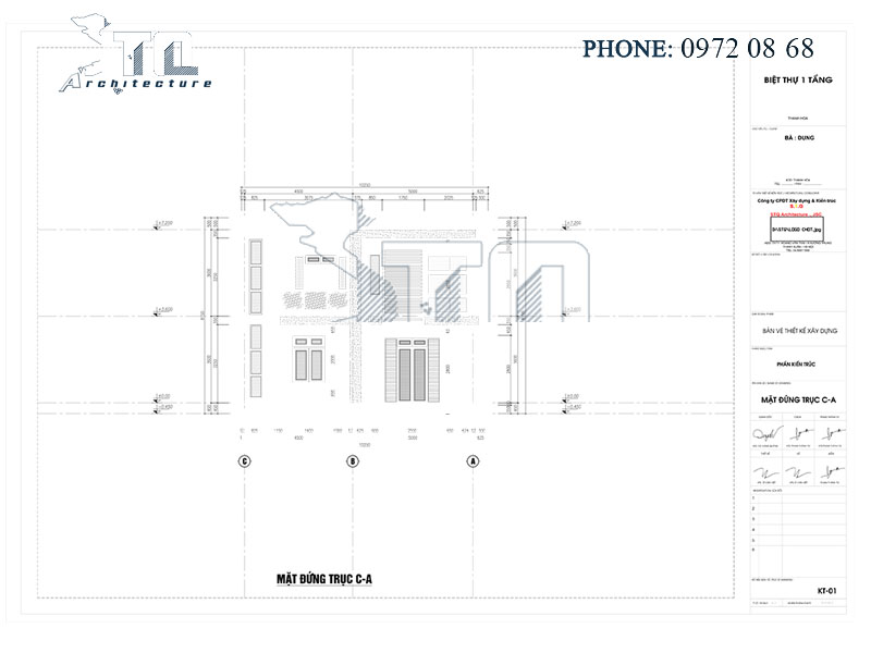 Mặt đứng trục C-A: Thiết kể nhà phố 2 tầng 160m2 ở Thanh Hoá.
