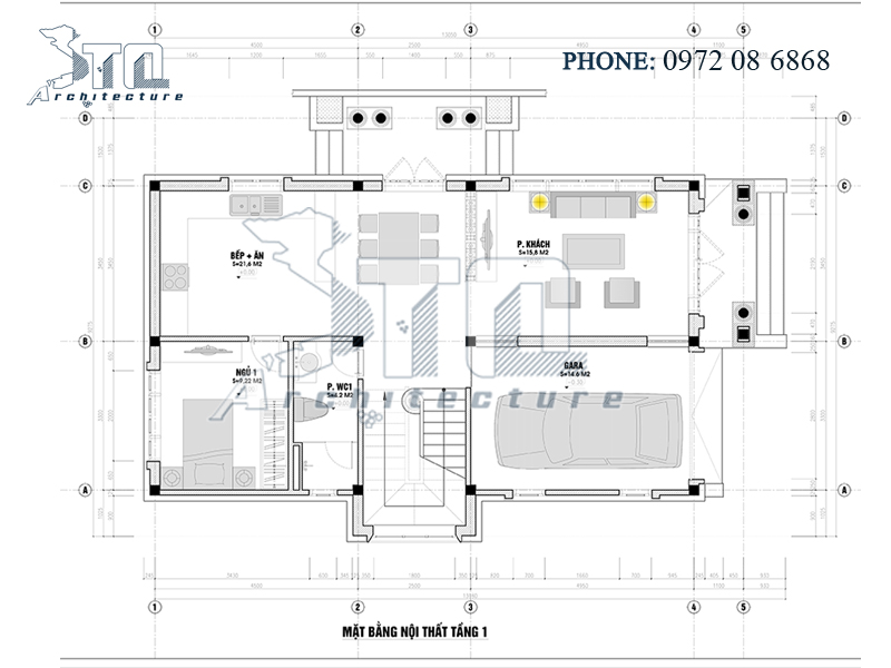 Mặt bằng tầng 1: Mẫu thiết kế nhà phố 2 tầng 130m2