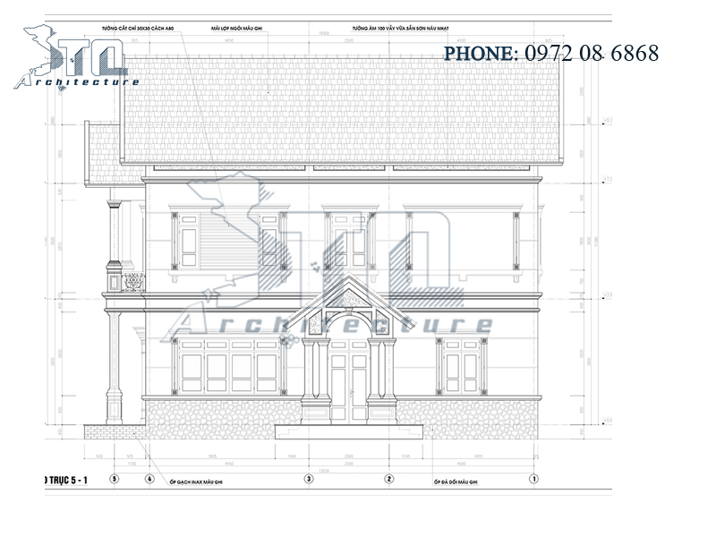 Mặt đứng trục 5-1: Mẫu thiết kế nhà phố 2 tầng 130m2 ở Ứng Hoà.