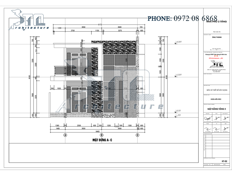 Mặt đứng A-C: Thiết kế nhà phố 2 tầng hiện đại ở Hưng Yên