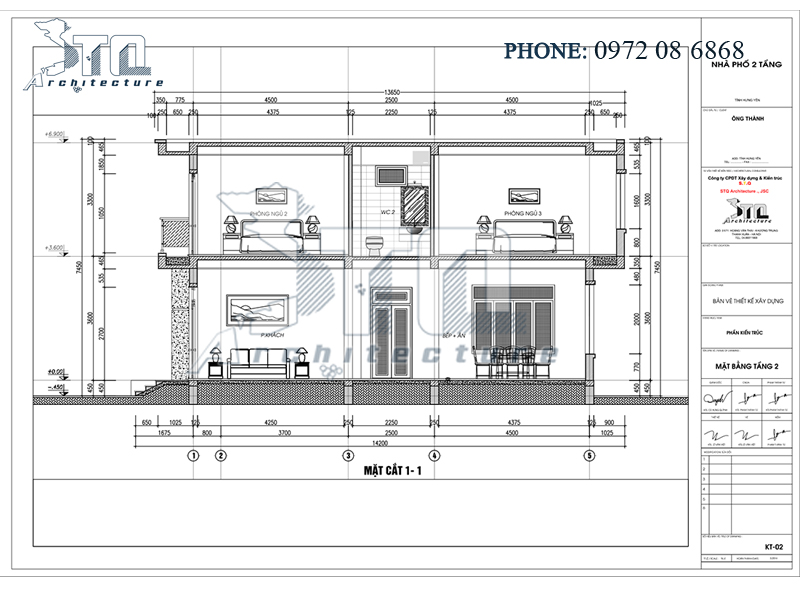Mặt cắt 1-1: Thiết kế nhà phố 2 tầng 3 phòng ngủ.
