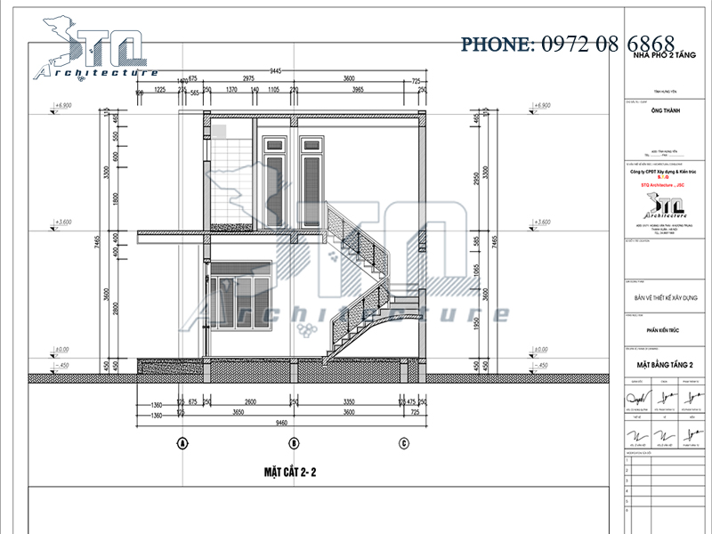 Mặt cắt 2-2: Thiết kế nhà phố 2 tầng 3 phòng ngủ trên khu đất 300m2