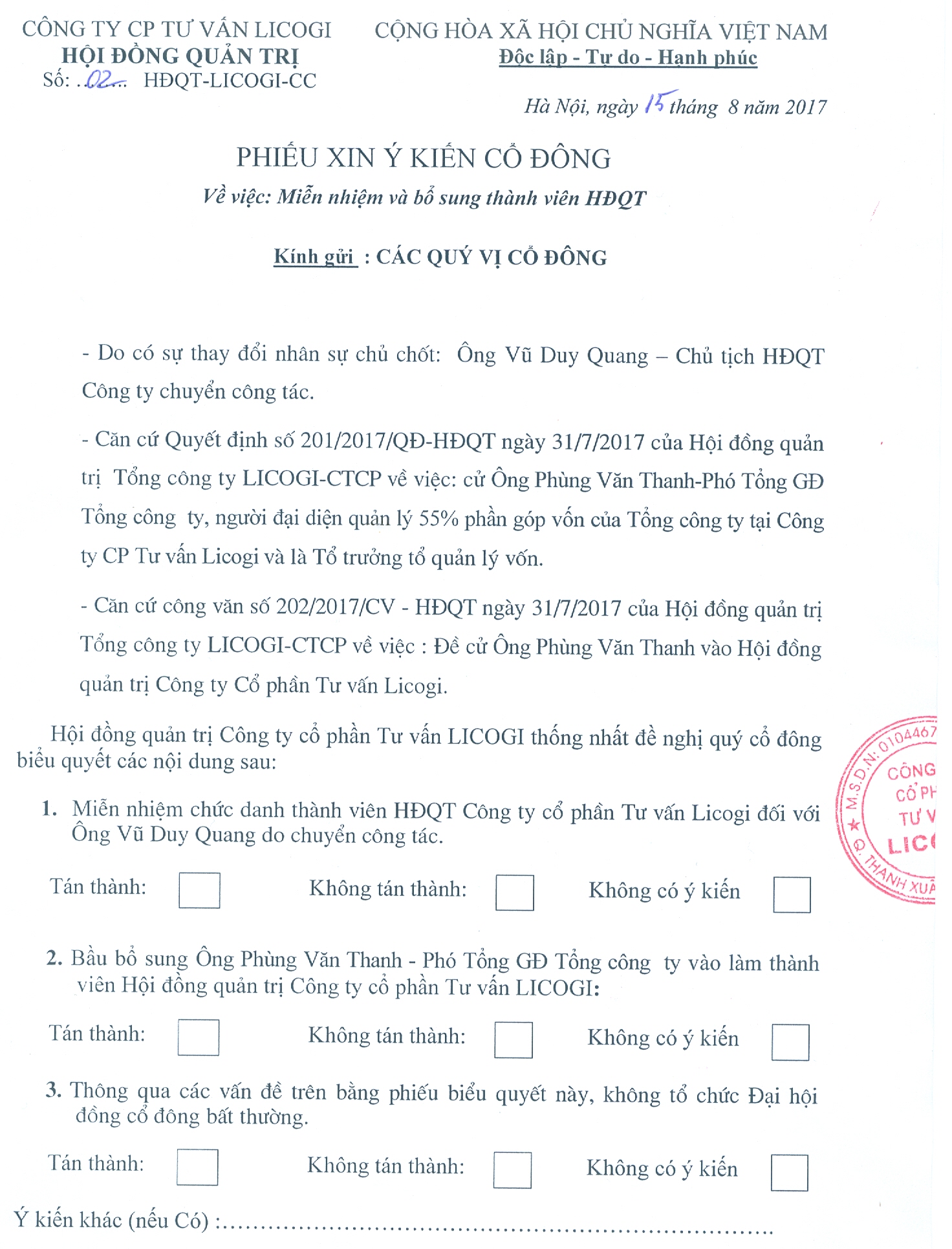 Thông báo về việc thay đổi thành viên hội đồng quản trị của công ty