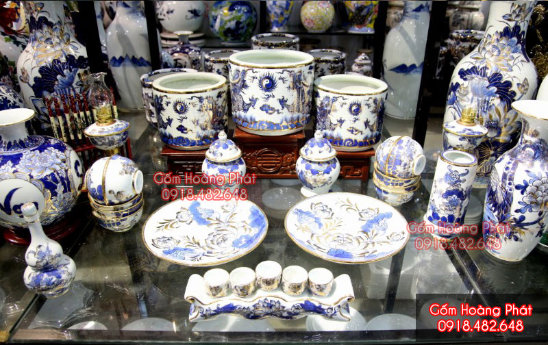 Bộ đồ thờ vẽ vàng 24k Bát Tràng, đồ thờ dát vàng Bát Tràng