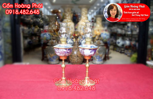 Đèn dầu thờ Bát Tràng vẽ vàng 24k chân đồng
