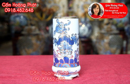 Ống cắm hương hoa sen vẽ vàng kim 24k