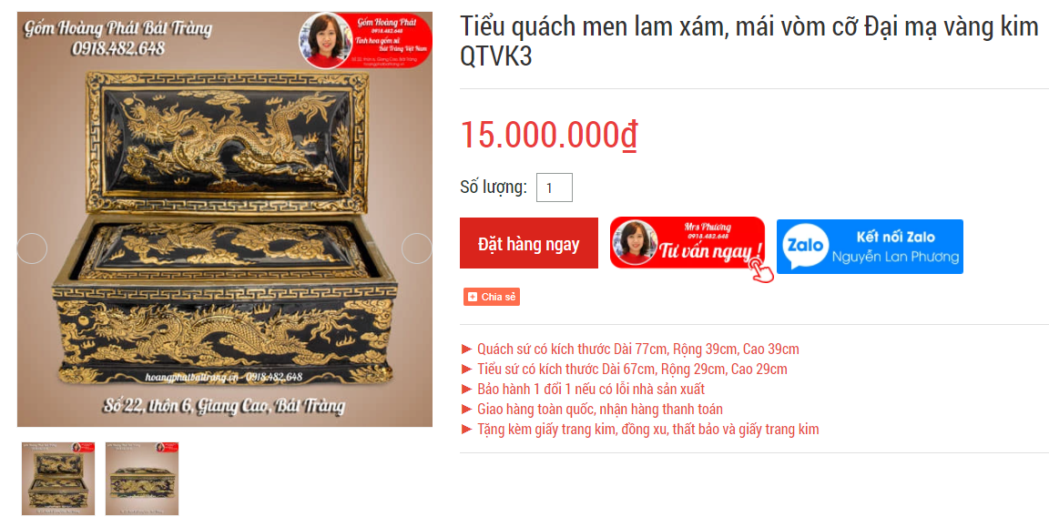 Bộ tiểu quách mạ vàng cỡ đại cao cấp Rồng nổi