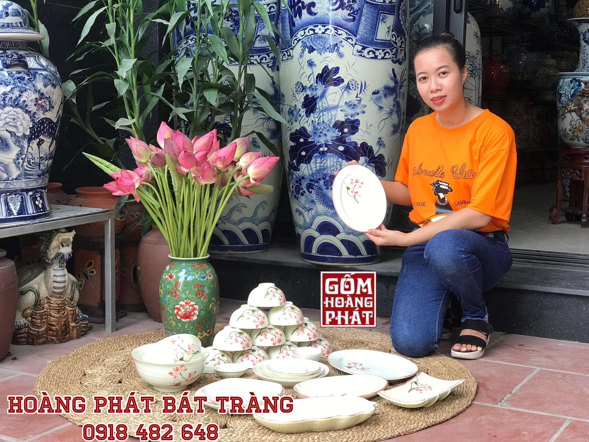 Bộ đồ ăn hoa sen men kem cao cấp Bát Tràng 3