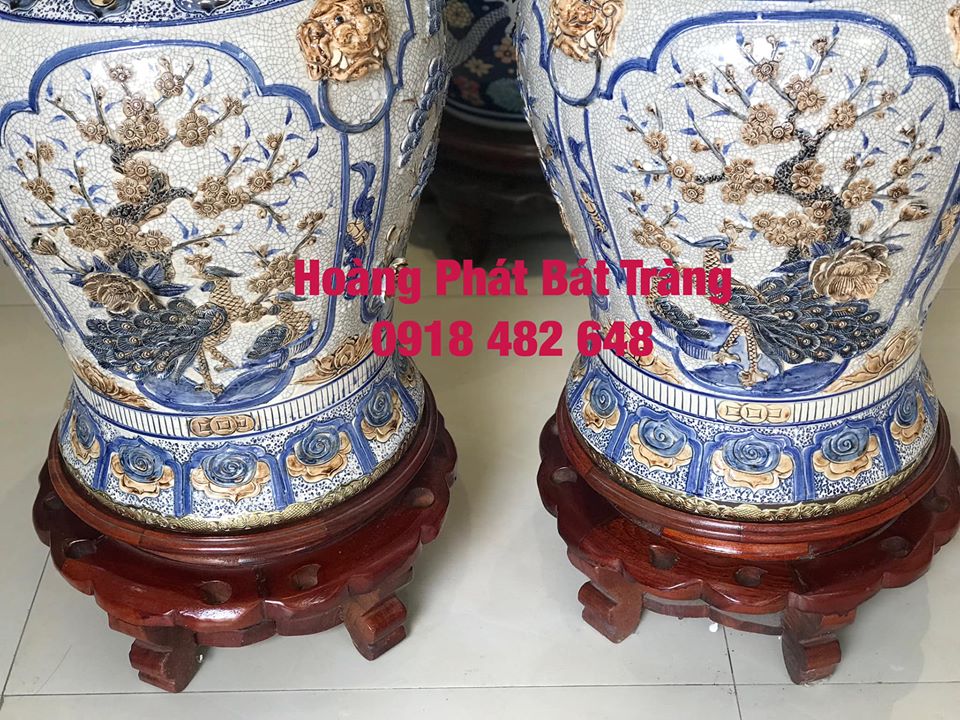 Choé tứ cảnh đắp nổi men rạn bọc đồng cao cấp Bát Tràng 40L