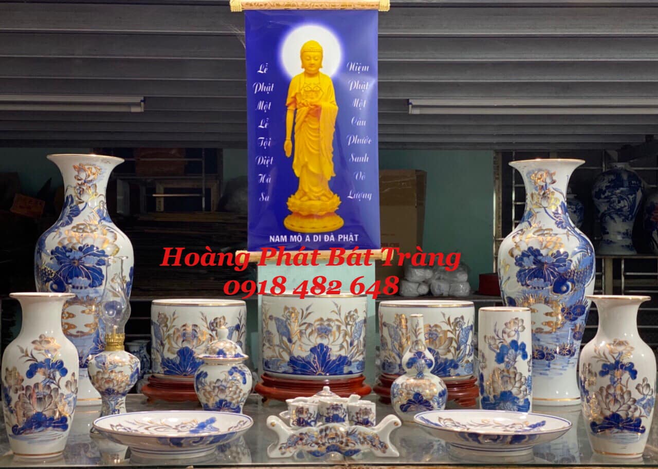 Bộ đồ thờ vẽ sen vàng kim 24k cao cấp Bát Tràng ban thờ Phật 3