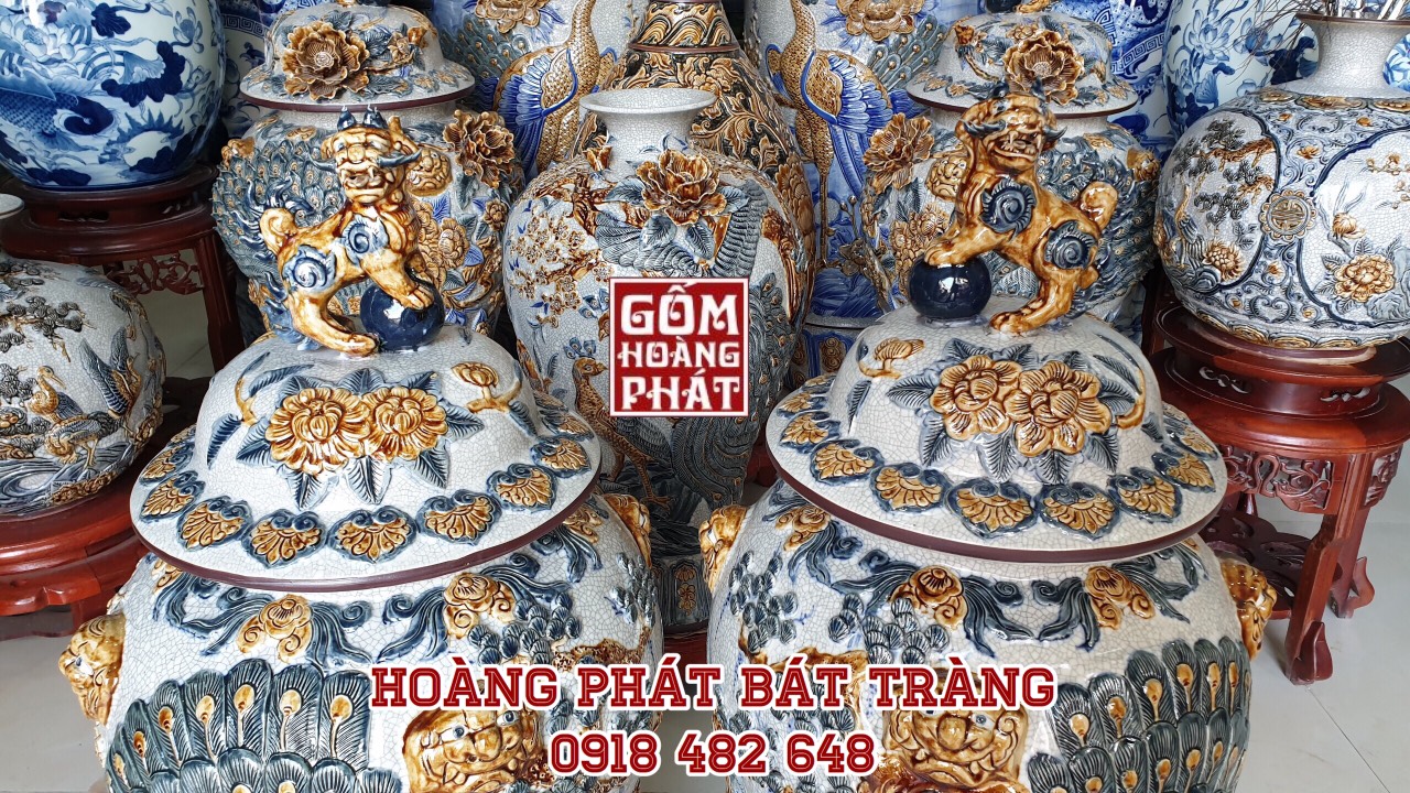 Đôi choé công đào phú quý đắp nổi kỹ men rạn 25L CHOE19 2