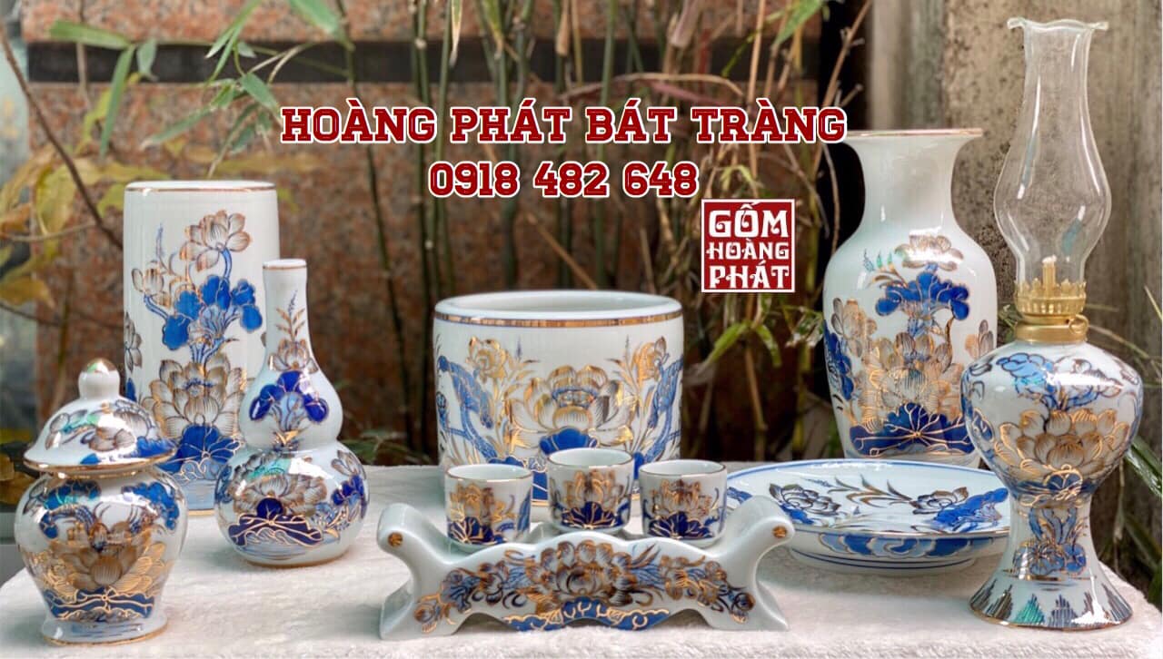 Bộ đồ thờ vẽ sen vàng kim cao cấp cho ban thờ Phật 2