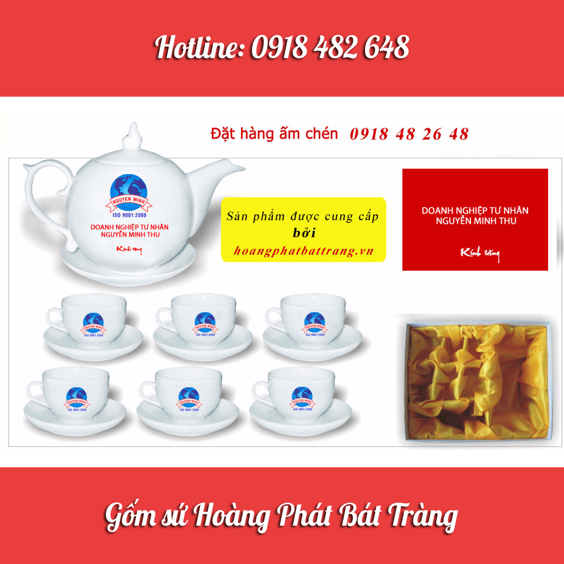 ấm chén bát tràng in logo dn Minh Thu