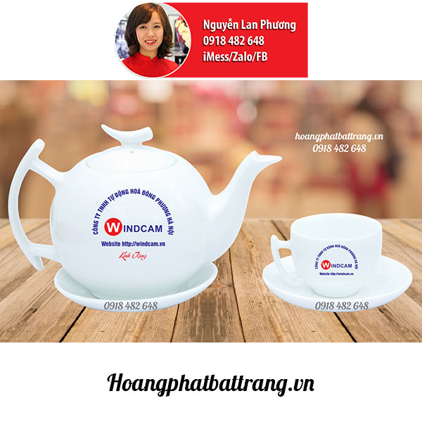 Bộ ấm chén in logo dáng Bưởi cành, công ty Windcam