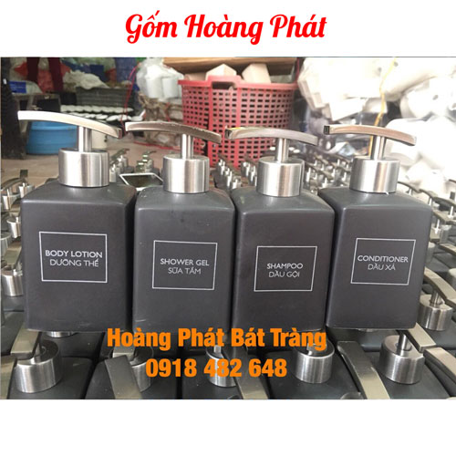 Bình xịt nhà tắm, chai đựng dầu gội, sữa tắm men gốm tàn vòi inox304 in logo dáng chữ nhật SP4843