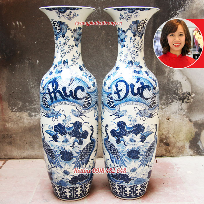 Lộc bình gốm sứ Phúc - Đức hạc sen vẽ kỹ