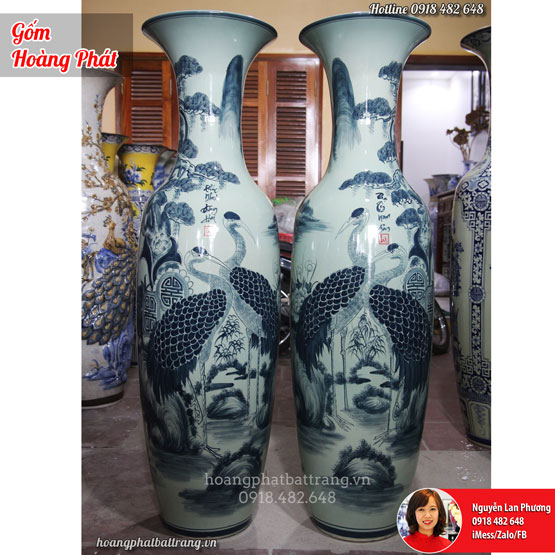 Lục bình sứ Bát Tràng Song hạc phú quý Tràm cổ 1m55