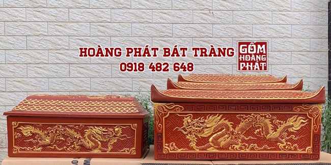 Quách tiểu sành 3 mái chùa rồng đỏ vẽ nhũ