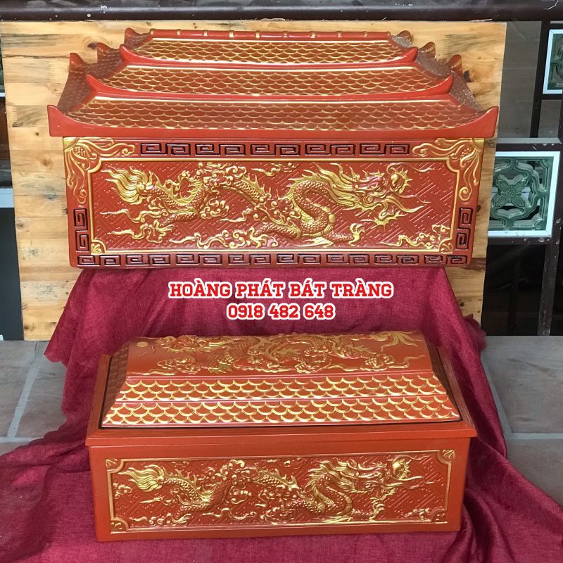 Quách tiểu sành Bát Tràng mái chùa họa tiết rồng nhũ vàng nâu đỏ