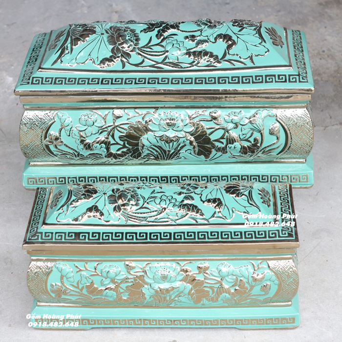 Quách tiểu sứ sen mạ vàng cao cấp mái Vòm màu xanh ngọc