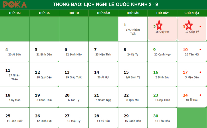 Thông báo: Lịch nghỉ lễ Quốc Khánh 2-9 của Nội thất POKA